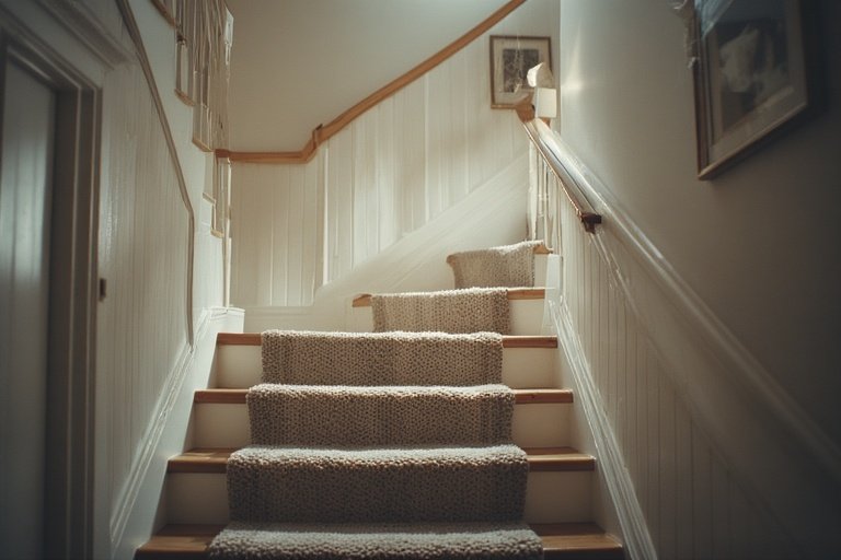 Staircase Makeover Ideas to Transform Your Home 3 staircase with beige striped runner and wooden railing in a cozy modern home