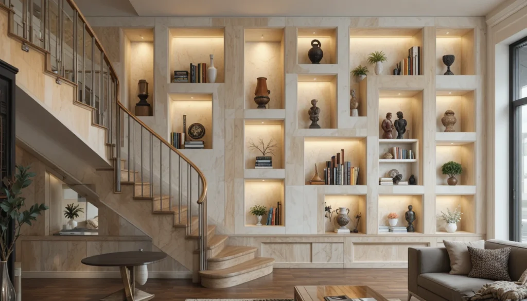Creative Staircase Transformation Ideas 14 Staircase wall with built-in decorative niches and lighting.