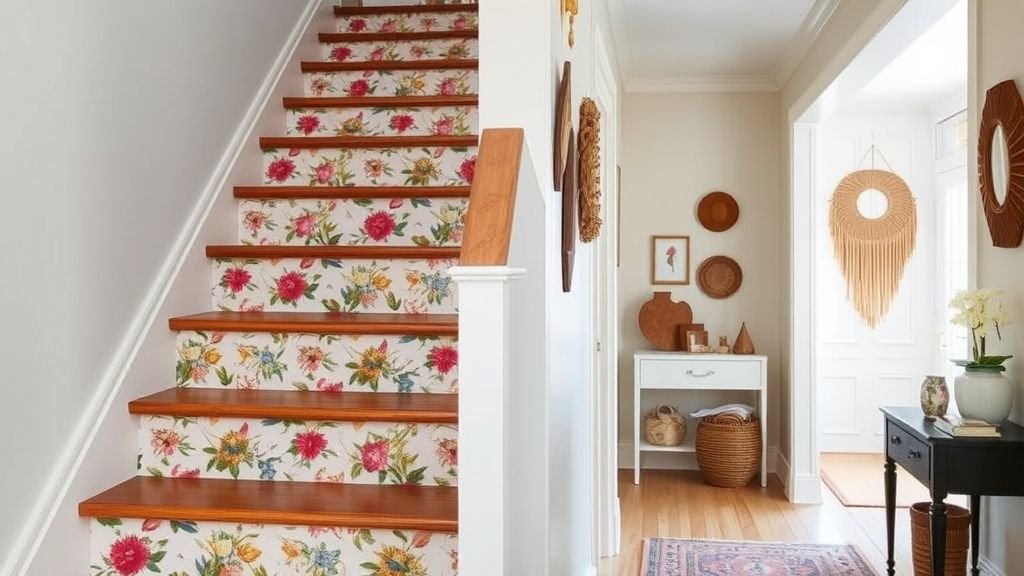 Creative Staircase Transformation Ideas 2 Stair risers decorated with floral wallpaper in a cozy bohemian hallway.