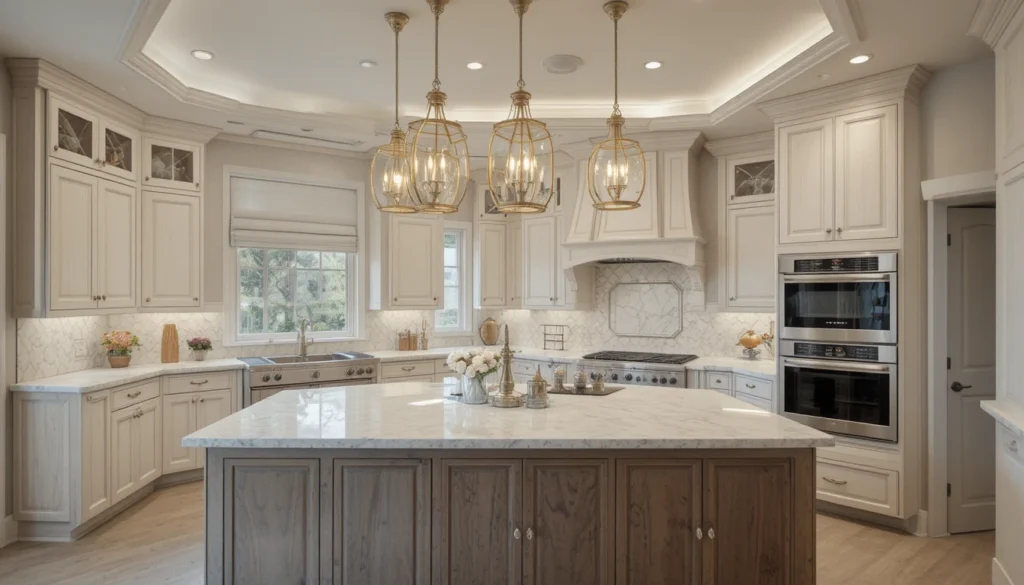 Modern Kitchen Design for Stylish Functional Living 6 Modern kitchen with pendant lighting and layered illumination over a marble island in warm tones.