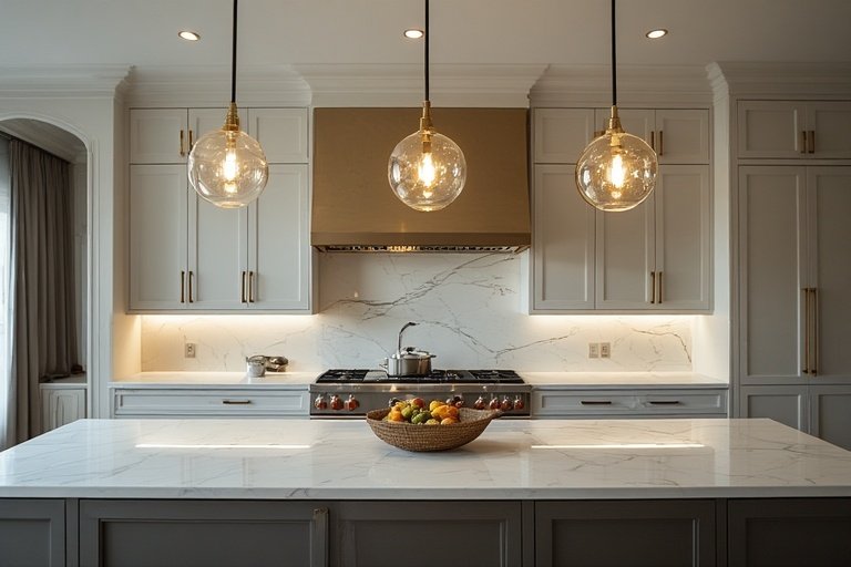 Modern Kitchen Ideas for Stylish and Functional Spaces 6 Modern kitchen with gold pendant lights above marble island.
