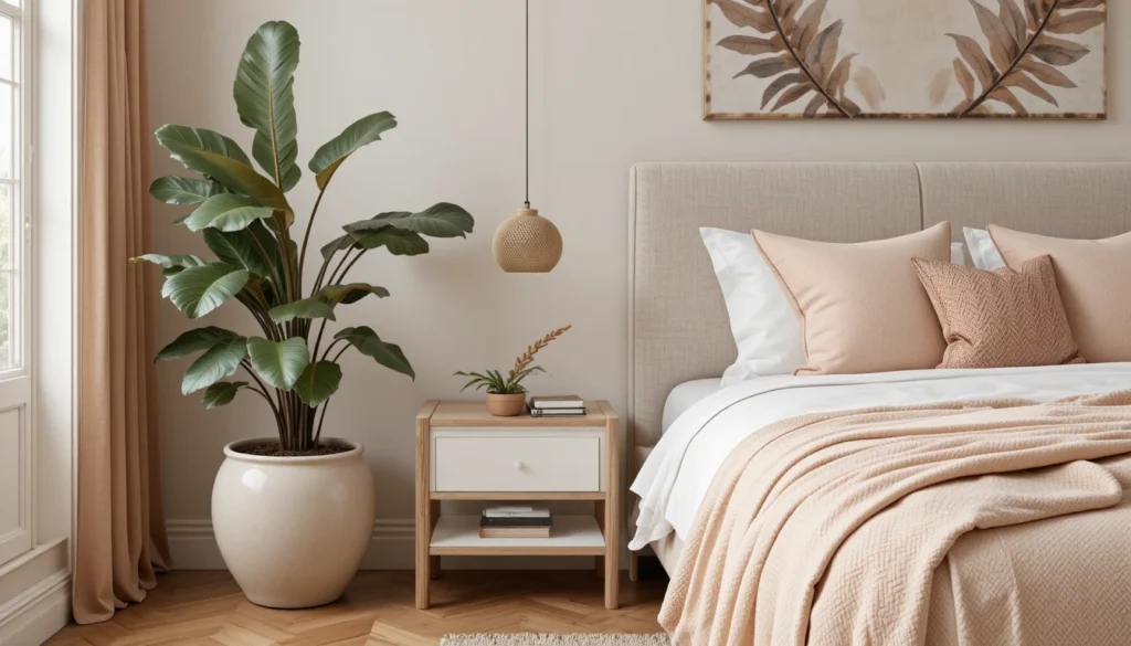16 Dreamy Plant Lover Bedroom Ideas to Inspire Natural Decor 13 Modern bedroom with a large ceramic planter and a fiddle leaf fig.