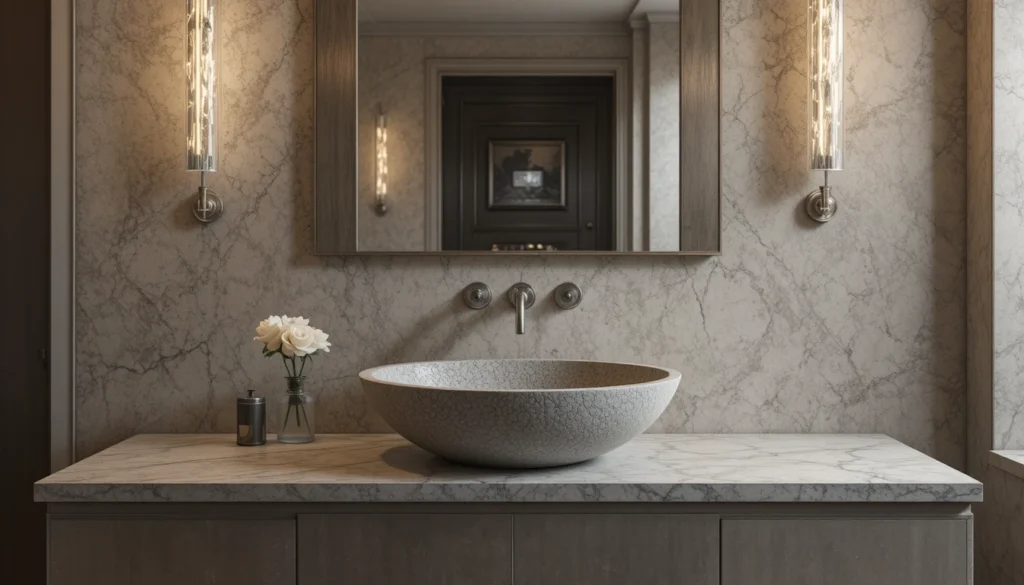 16 Bold and Beautiful Bathroom Vanity Ideas for Apartments 16 Stone vessel sink vanity with textured wall and decorative lights in apartment bathroom.