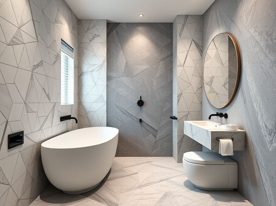 Bathroom with statement tiles, geometric patterns, and textured finishes.