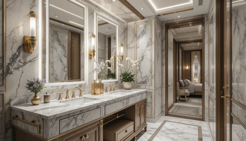Luxury Bathroom & Shower Design Ideas 8 Luxury bathroom vanity with marble countertop, gold fixtures, and modern lighting.