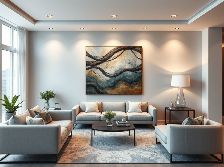 Modern Living Room Designs: Stylish Ideas for a Contemporary Home 8 Modern living room with bold statement wall art and minimalist decor elements.