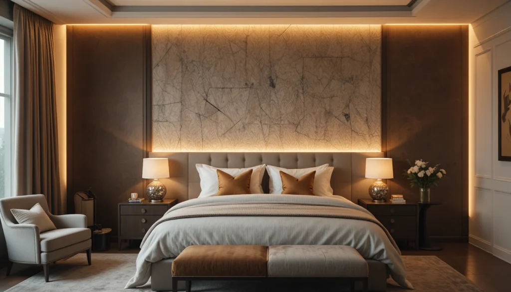 Modern Bedroom Ideas for a Dreamy Space 7 Modern bedroom with textured feature wall behind bed, adding depth and visual interest.