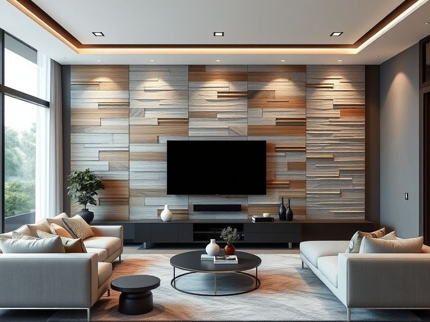 Modern Living Room TV Wall Ideas 4 Statement TV wall with textured panels adding depth and luxury to a modern living room.