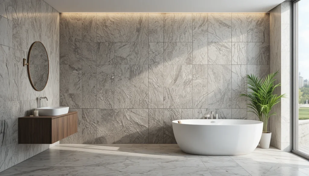 Luxury Bathrooms Inspiration 7 Statement wall with textured tiles in a luxury bathroom interior.