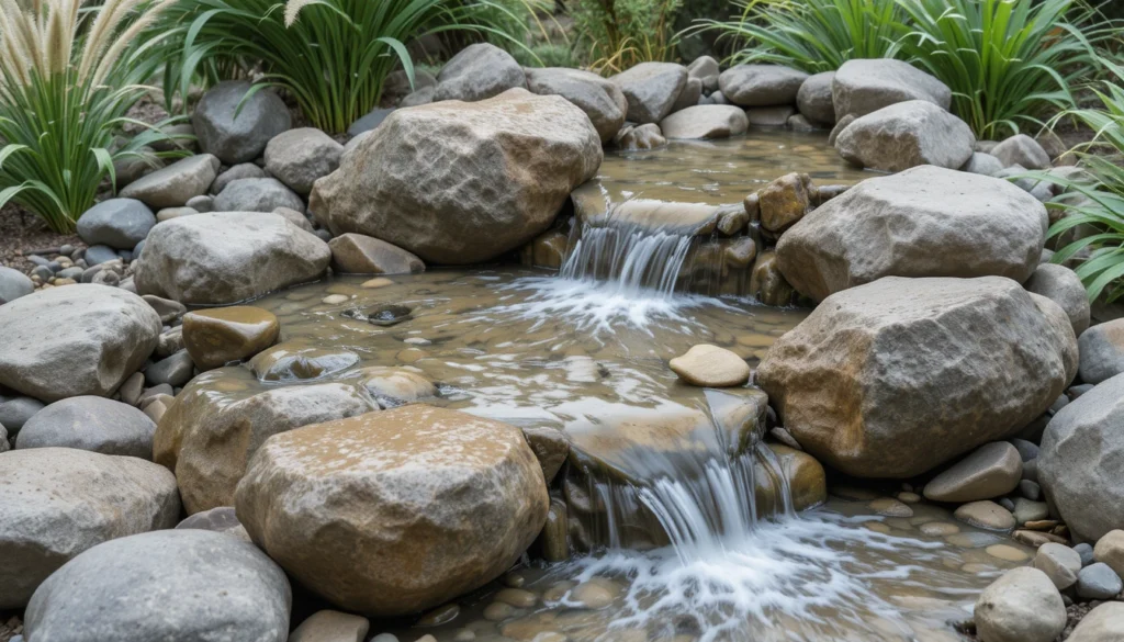 Backyard Water Features for a Serene Outdoor Escape 11 Garden water feature with natural stones and greenery blending harmoniously.