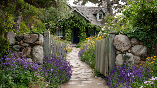 16 Timeless Cottage Decor Ideas to Warm Up Your Space 9 Cottage garden surrounded by a stone fence and ivy-covered gate.