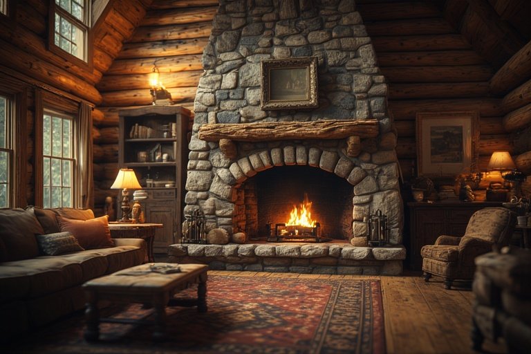 Modern Rustic Cabin Retreat: Cozy Design Ideas for a Warm, Inviting Home 4 Rustic cabin living room with a stone fireplace as the main focal point.