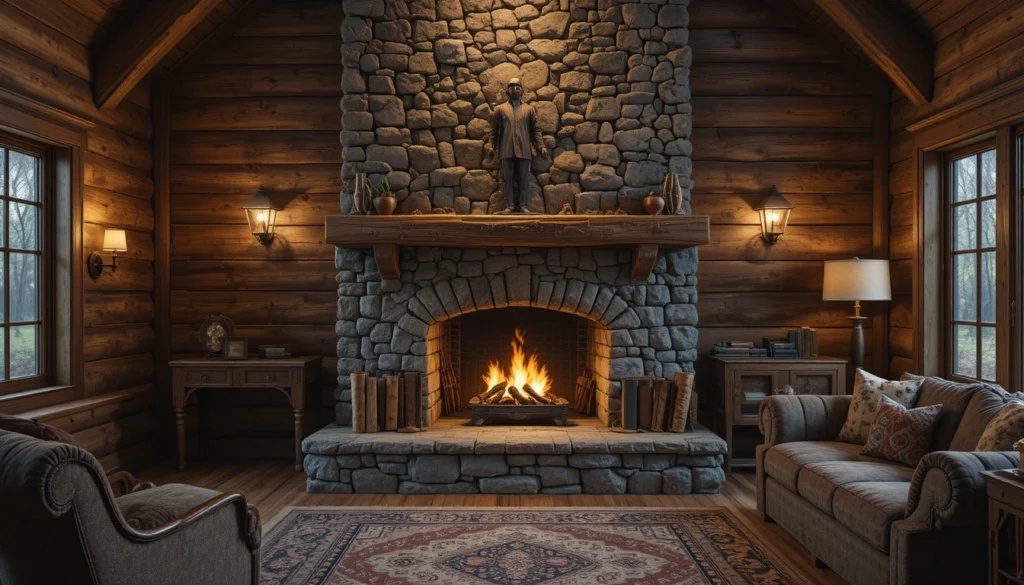 Rustic Cabin Interiors: Cozy Charm and Timeless Design Ideas 6 Stone fireplace serving as the focal point in a rustic cabin interior.