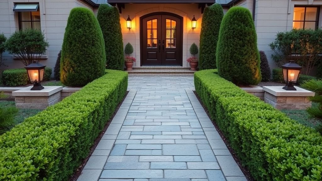 Stone walkway leading to grand double-door entrance with garden lighting.