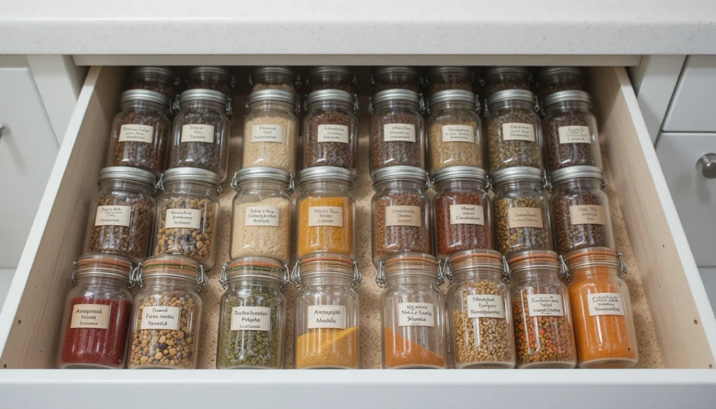 Kitchen Organization Ideas for a Beautiful and Functional Home 9 Spice jars neatly labeled and organized on a rack for smart kitchen storage.