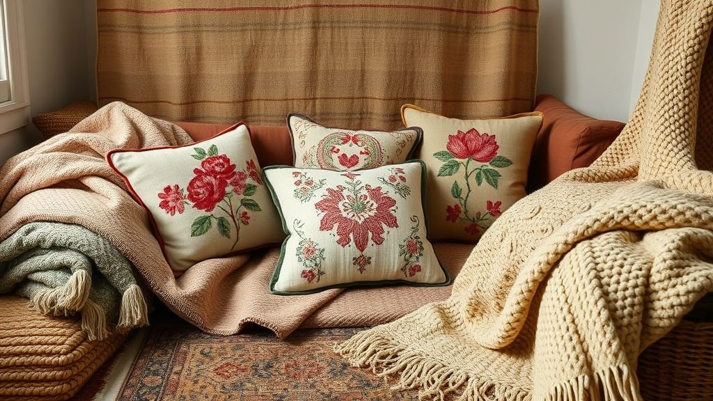 Cozy Home Interiors That Speak Emotion and Style 9 Room with woven blankets, vintage rug, and hand-knitted throw showcasing layered fabric textures.