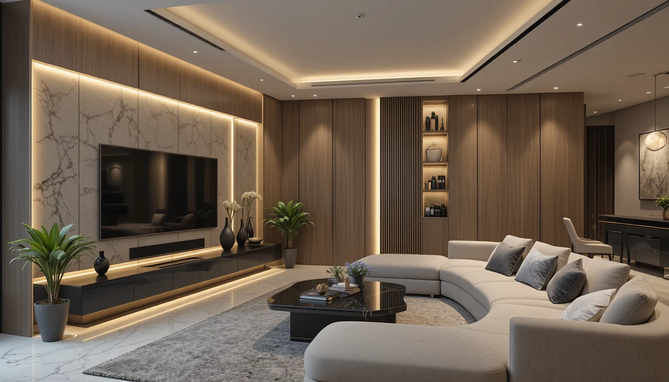 A modern living room with a stylish TV wall featuring LED lighting, wood panels, and marble accents creating a sleek, contemporary design.