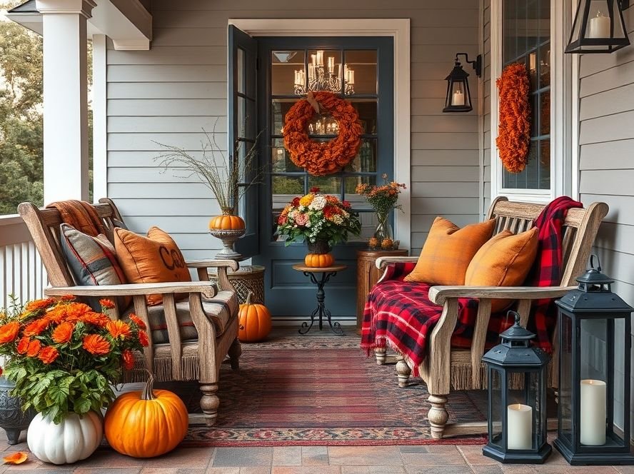 Halloween Porch & Outdoor Decorations 8 Halloween-themed porch furniture styled with seasonal blankets, pillows, and lanterns.