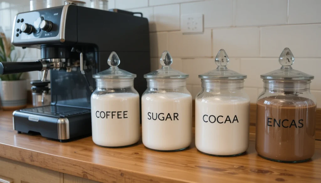 Coffee Bar Ideas for a Stylish and Cozy Home Setup 5 Coffee bar with labeled glass and ceramic canisters beside espresso machine.