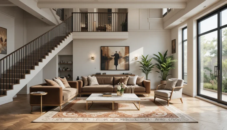 Hyper-realistic stylish townhouse interior with rich colors, velvet sofa, marble coffee table, and elegant modern décor.