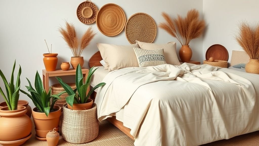 Plant Lover Bedroom Ideas: Bring Nature Into Your Sleep Sanctuary 8 Bedroom with terracotta pots and beige bedding creating a boho natural atmosphere.