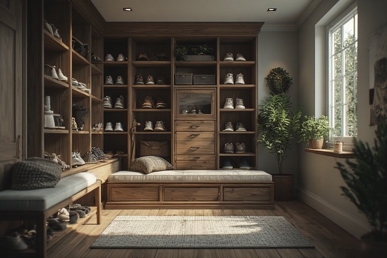 Modern shoe storage with wooden cabinets, open shelves, and a cushioned bench in a bright, organized hallway.