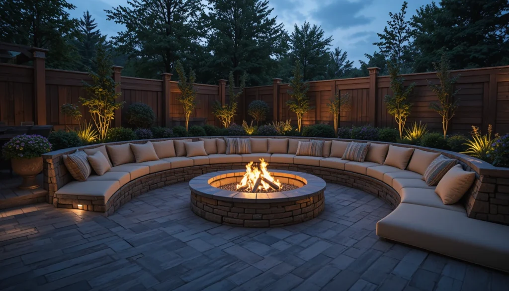 A sunken backyard fire pit lounge with built-in cushioned seating and warm lighting.