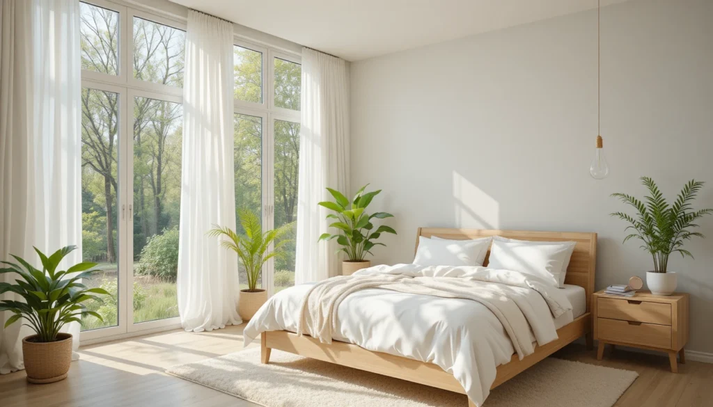 16 Dreamy Plant Lover Bedroom Ideas to Inspire Natural Decor 7 Bright bedroom with large windows, light furniture, and small plants near the window.