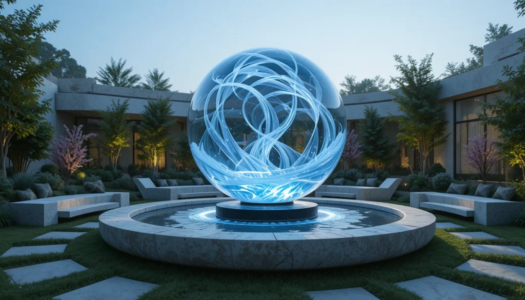 Backyard Water Features for a Tranquil Outdoor Escape 6 Floating water sphere feature with ambient garden lighting