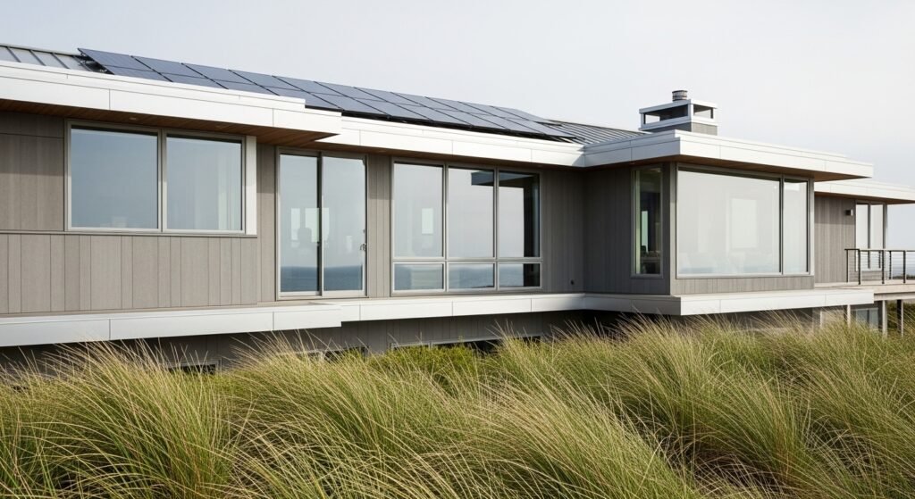 Eco-conscious modern coastal home with sustainable materials and sea grass.