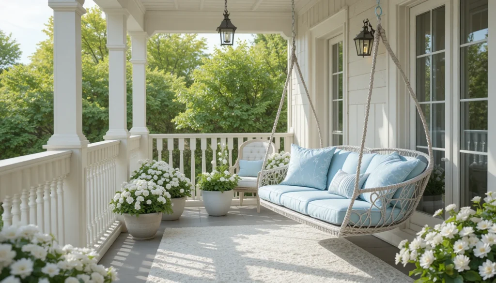 Balcony Ideas Apartment: Transform Your Outdoor Space 12 Apartment balcony with hanging swing chair, pastel cushions, and cream-toned décor.