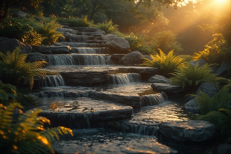 Backyard Water Features for a Tranquil Outdoor Escape 11 Terraced garden water feature with cascading levels and sunset lighting