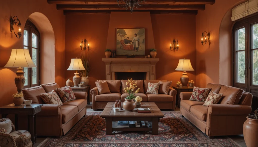 Cozy Home Interiors for Comfort and Timeless Charm 4 A cozy living room with terracotta tones and warm lighting, creating an earthy and comforting feel.