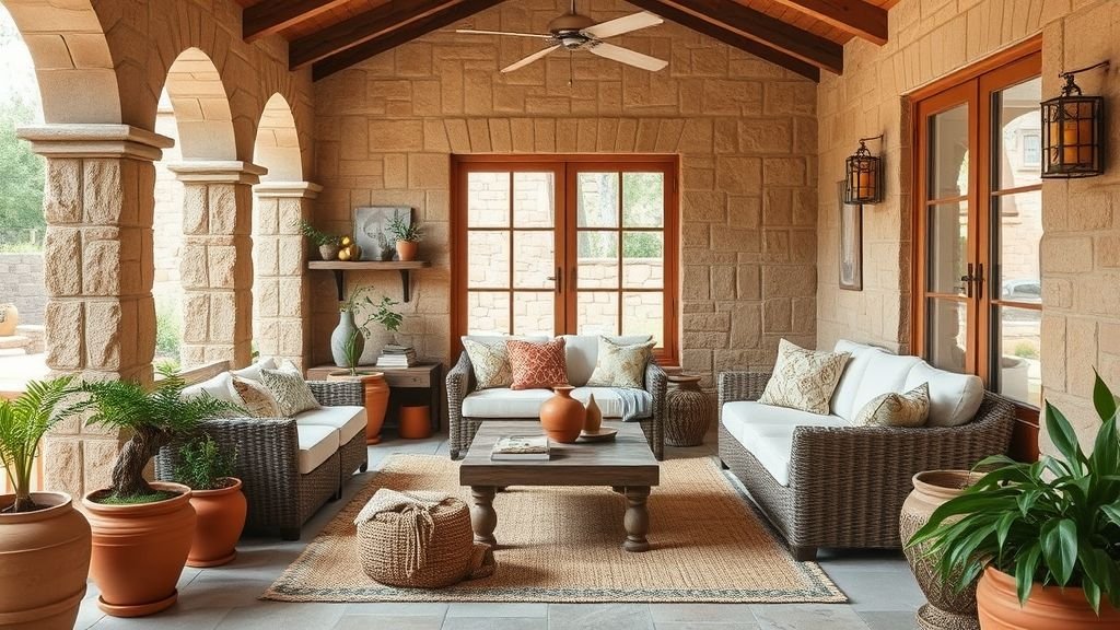 Sunroom Design Ideas for Bright and Relaxing Spaces 6 terracotta sunroom with natural materials and outdoor-inspired textures
