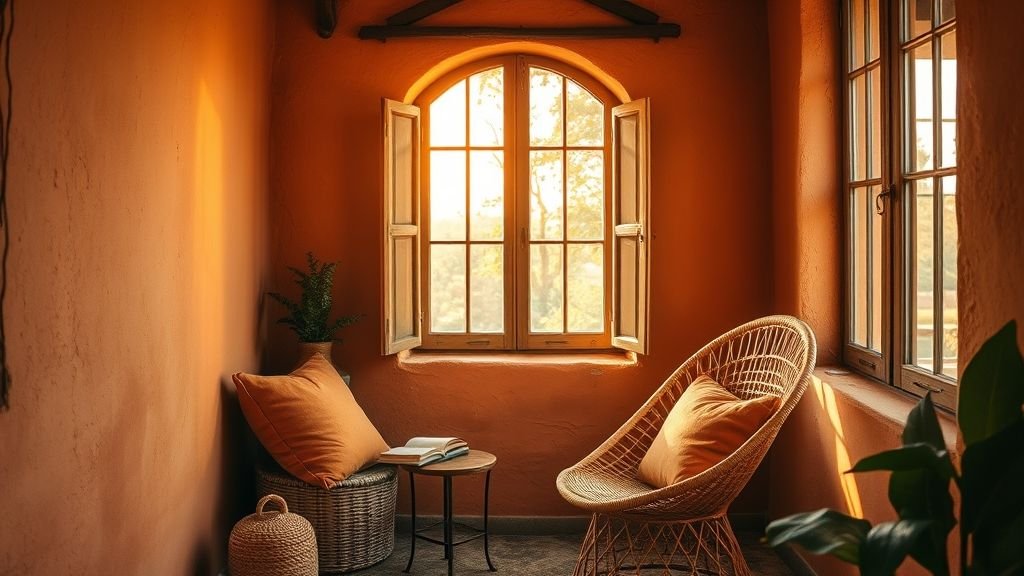 Cozy Reading Nook Ideas for a Peaceful Escape 5 Reading nook with terracotta tones, rattan chair, and warm light.