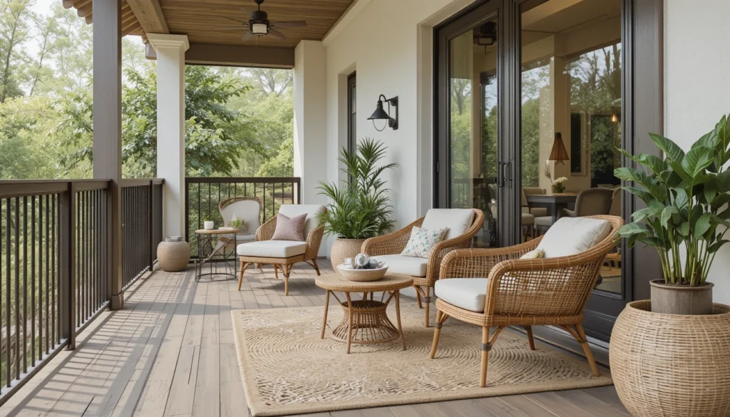 16 Stylish Balcony Ideas to Elevate Your Home Design 10 Balcony with wicker furniture, jute rug, and wood flooring.