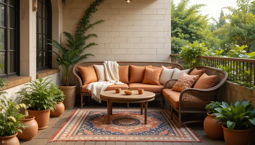 Balcony Ideas Apartment: Transform Your Outdoor Space 5 Apartment balcony with terracotta rugs, cream cushions, and clay pots for a cozy layered look.