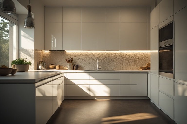 Modern Kitchen Ideas for Stylish and Functional Spaces 8 White modern kitchen with stone backsplash and fluted glass panels.