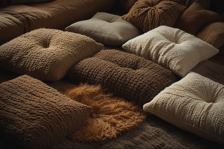 16 Stylish Ideas for Decorating with Comfy Floor Cushions 7 Stylish floor cushion setup with mixed textures and earthy color palette.