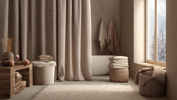 16 Luxurious Bathroom Design Ideas for a Spa-Like Retreat 10 Cozy spa bathroom with soft textures and natural fabrics in warm neutral tones.