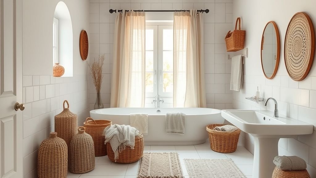 Bathroom Design Ideas for a Stylish Space 14 cozy bathroom with soft textiles, woven decor, and linen accents