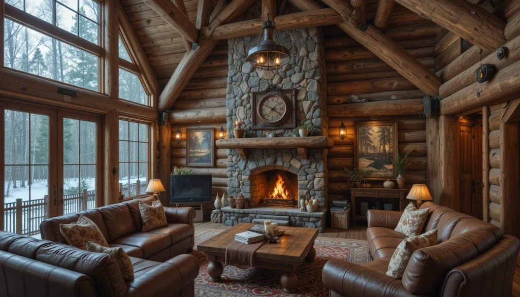Rustic Cabin Interiors: Cozy Charm and Timeless Design Ideas 2 The essence of rustic cabin design shown with exposed beams, natural textures, and warm firelight.