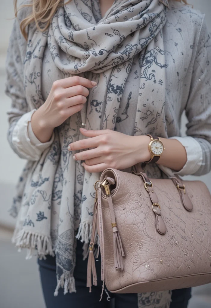 Business Basual Outfits 8 A close-up of gold jewelry, a leather handbag, and a silk scarf, capturing the 2025 “Power of Accessories” trend that refines business casual looks.