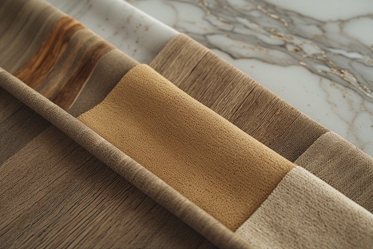 Luxury & Modern Home Decor: Elevate Your Space with Timeless Elegance 5 Texture in modern design featuring velvet, marble, metal, and wood finishes.