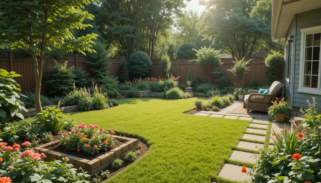 Home Garden Ideas for a Beautiful and Peaceful Outdoor Space 2 Well-planned home garden with organized flower beds, vegetable patch, and cozy seating area under soft sunlight.