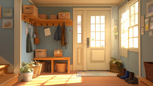 16 Functional Entryway Organization Tips for Everyday Living 17 Family organizing a tidy entryway with baskets, hooks, and warm natural lighting.