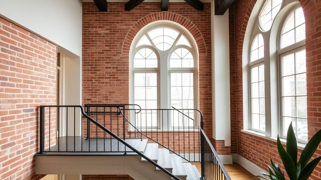Townhouse Decorating Ideas for Modern, Stylish Living 8 Stylish townhouse highlighting exposed brick and tall windows.