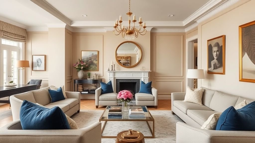 Townhouse Decorating Ideas for Modern, Stylish Living 3 Elegant townhouse interior with beige walls and navy accents for a cohesive design.