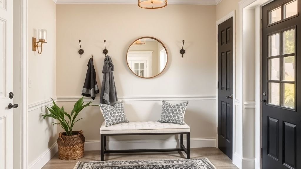 Townhouse Decorating Ideas for Modern, Stylish Living 14 Modern townhouse entryway with mirror, bench, and wall hooks.