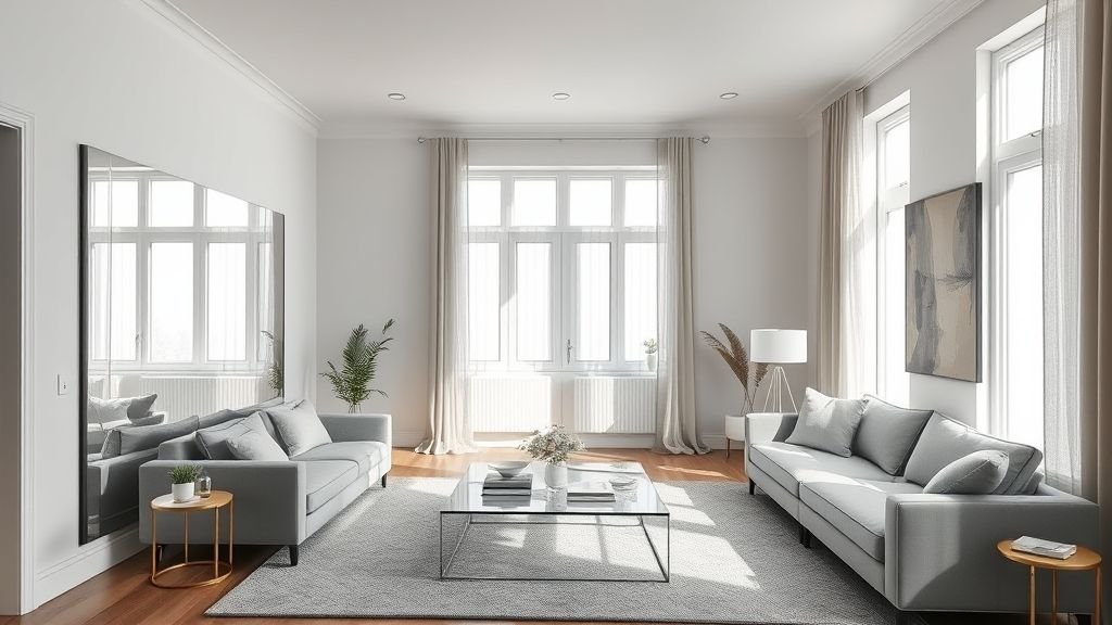 Townhouse Decorating Ideas for Modern, Stylish Living 10 Modern townhouse with large mirrors enhancing space and light.